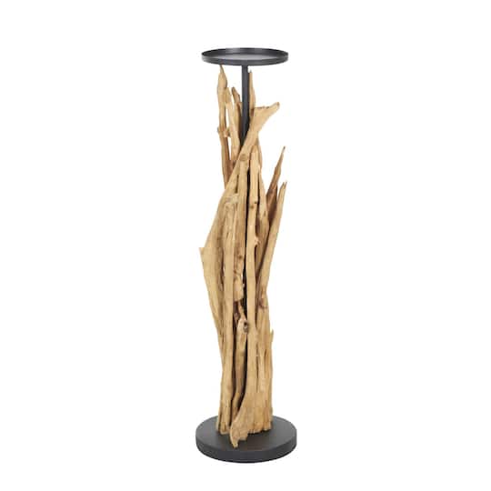 39" Brown Teak Wood Handmade Tall Tree Branch Floor Candle Holder with Black Metal Accents